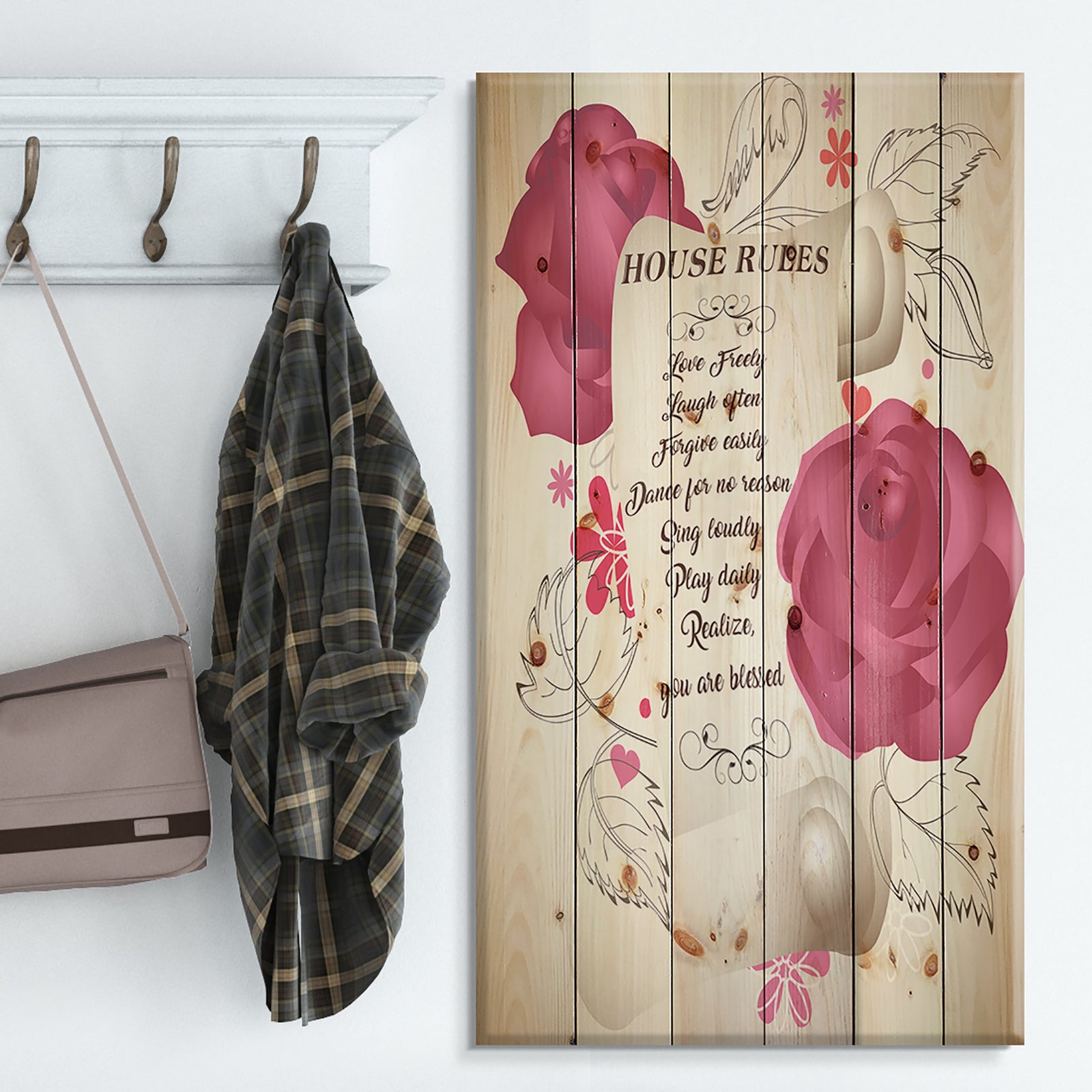House rules. Pink Rose Charter - Textual Entrance Art on Wood Wall Art
