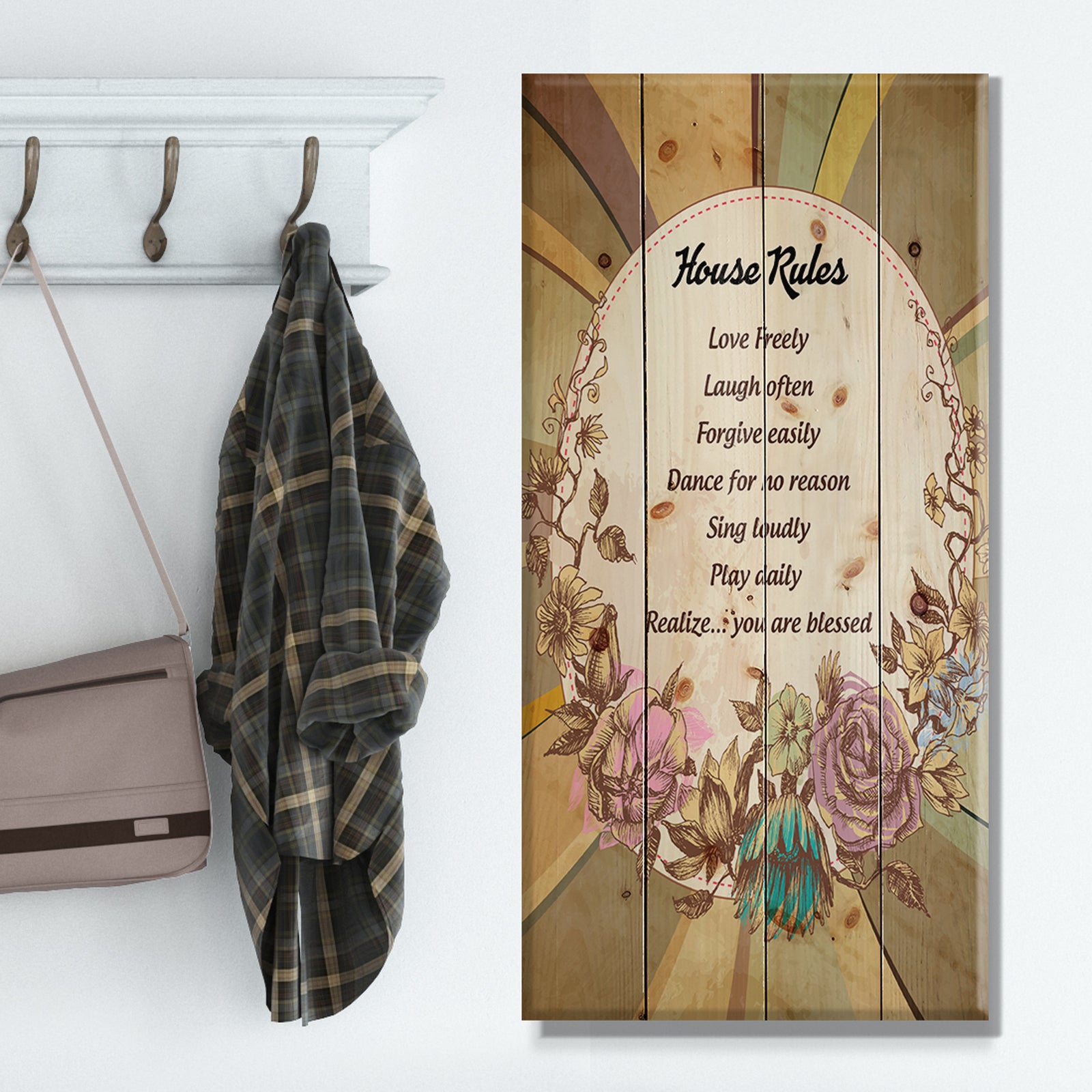 House Rules. Vintage Flowers - Textual Entrance Art on Wood Wall Art