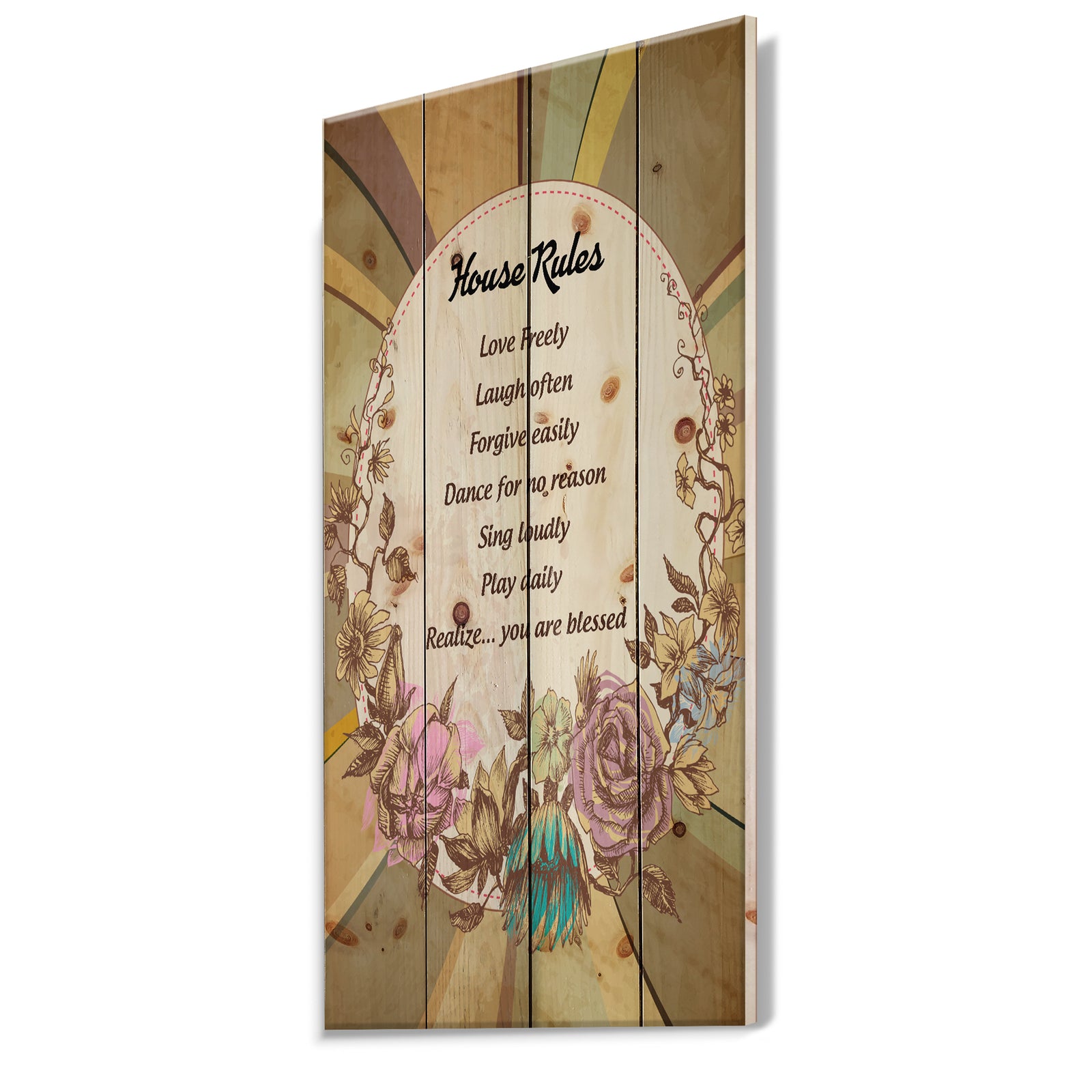 House Rules. Vintage Flowers - Textual Entrance Art on Wood Wall Art