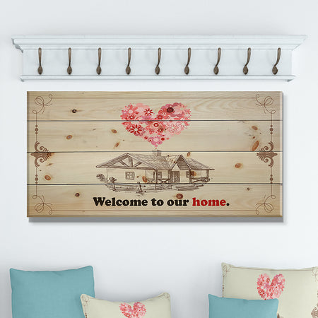 Welcome to our home. Vintage drawing - Textual Entrance Art on Wood Wall Art