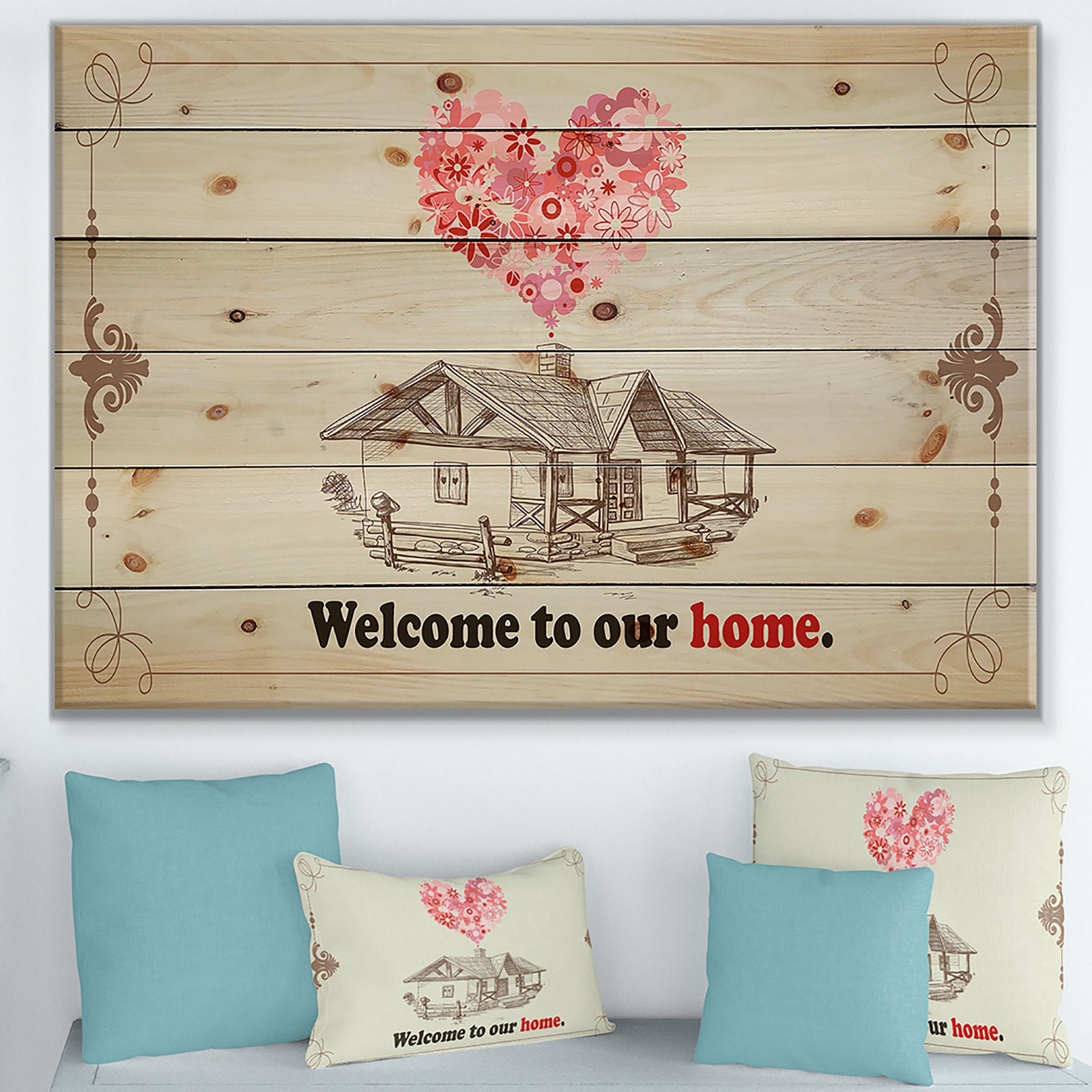 Welcome to our home. Vintage Pink Heart - Textual Entrance Art on Wood Wall Art