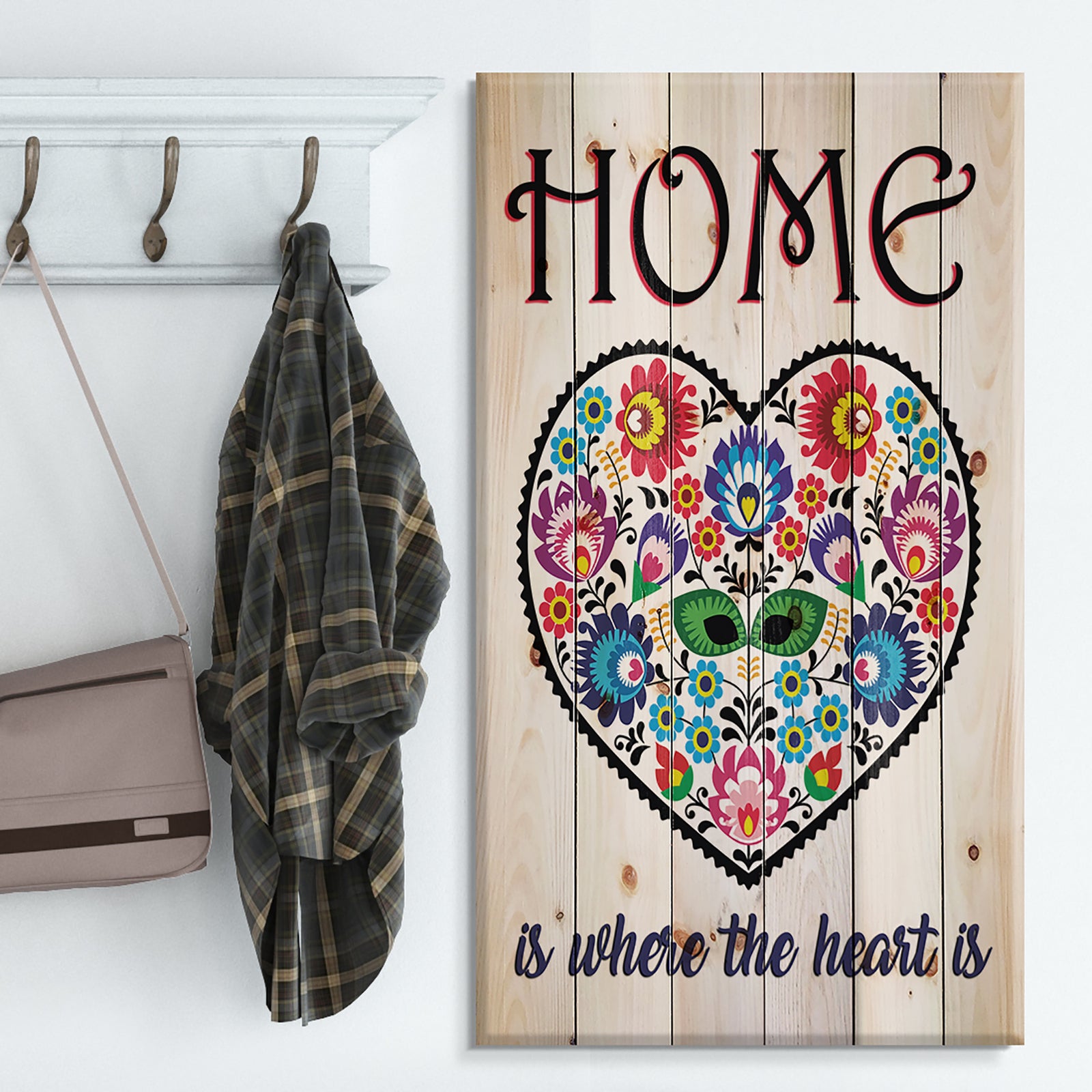 Home is where the heart is. Flower heart - Textual Entrance Art on Wood Wall Art