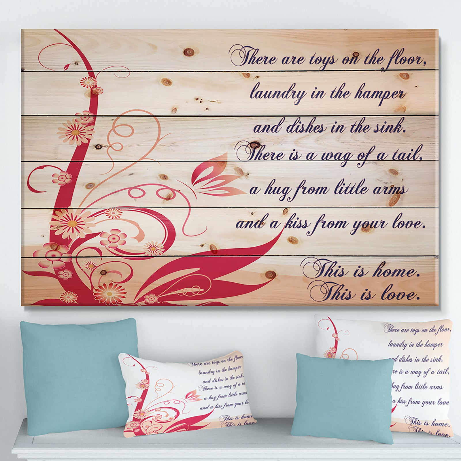 There are toys on the floor. This is Love - Textual Entrance Art on Wood Wall Art