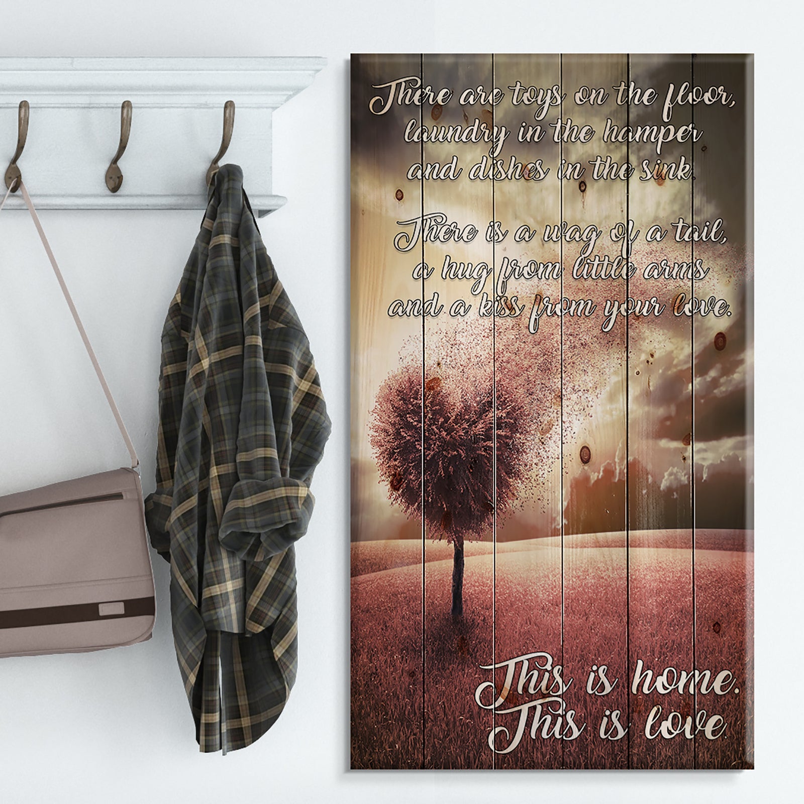 There toys on the floor. Pink Tree heart landscape - Textual Entrance Art on Wood Wall Art