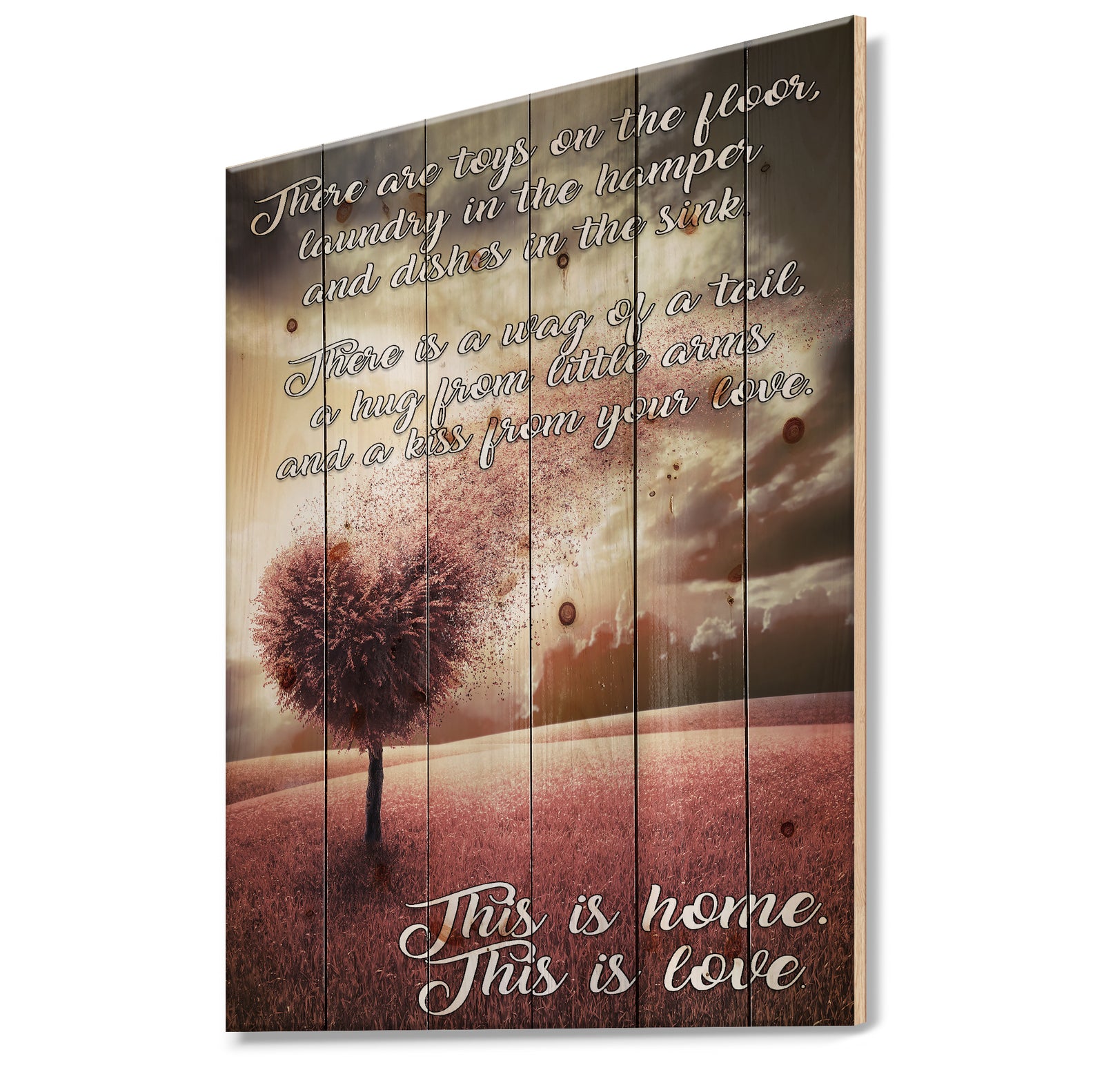 There toys on the floor. Pink Tree heart landscape - Textual Entrance Art on Wood Wall Art